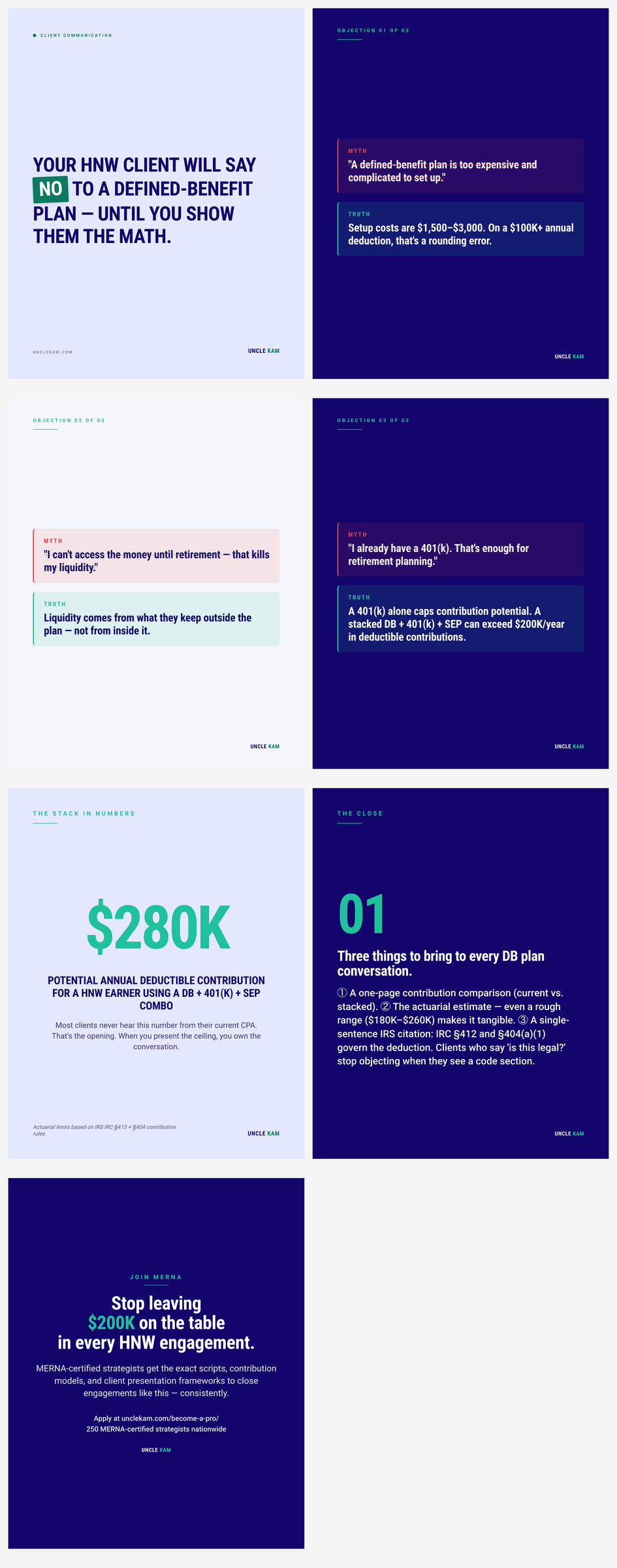 Defined-benefit plan stacking teardown: how MERNA strategists document and present a DB + 401(k) + SEP combo to skeptical HNW clients