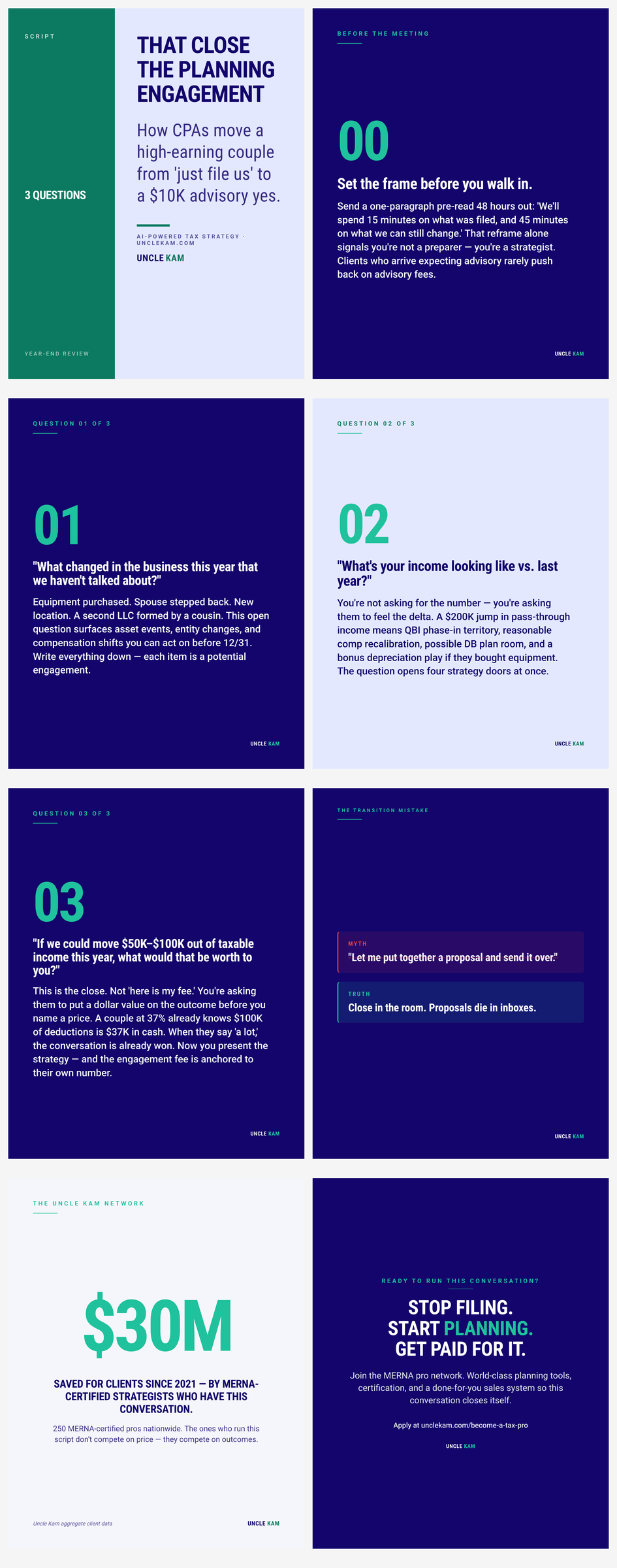 The year-end review conversation: three questions CPAs use to move a high-earning couple from 'just file my taxes' to a paid planning engagement