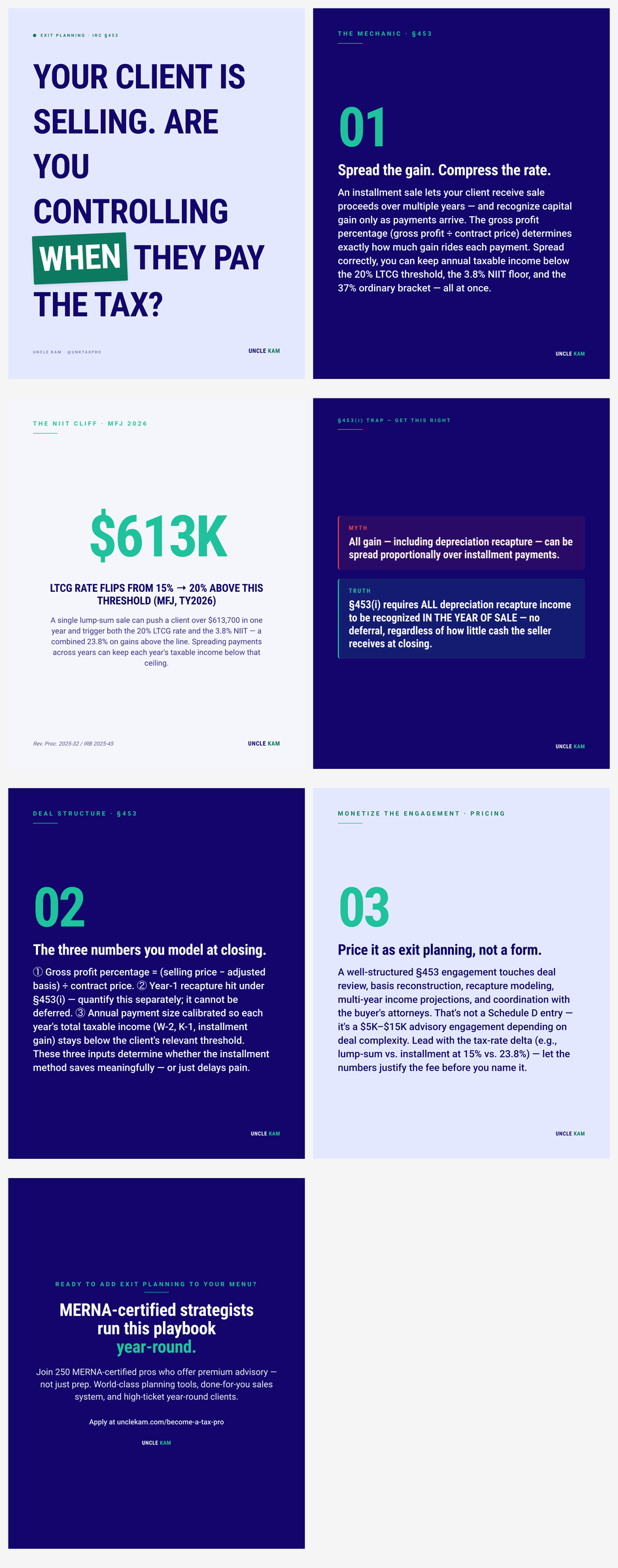 IRC §453 installment sale mechanics pro-side: how CPAs structure a business or property sale to control gain recognition, stay below the NIIT and top-bracket thresholds, and price it as a premium exit-planning engagement