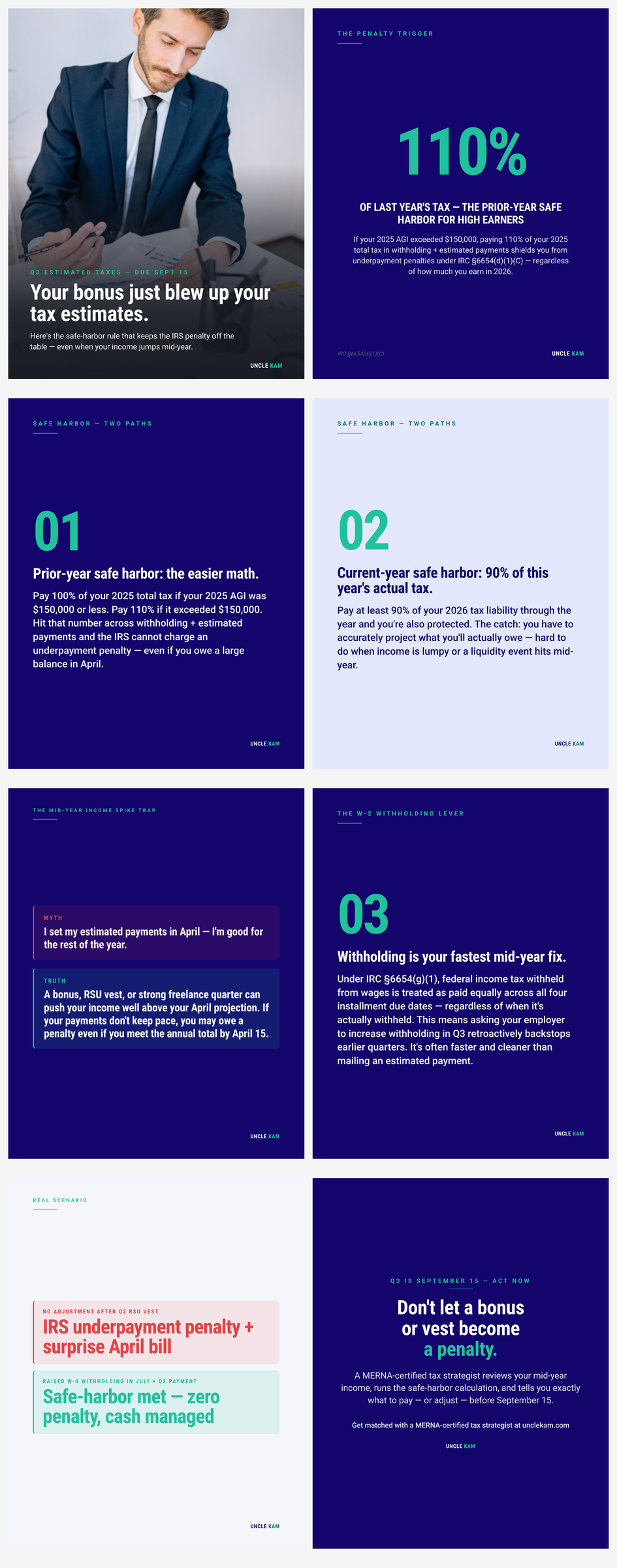 Q3 estimated taxes due September 15: the safe-harbor rule that protects high earners from underpayment penalties — and why a bonus, RSU vest, or big freelance quarter can blow up your estimates mid-year