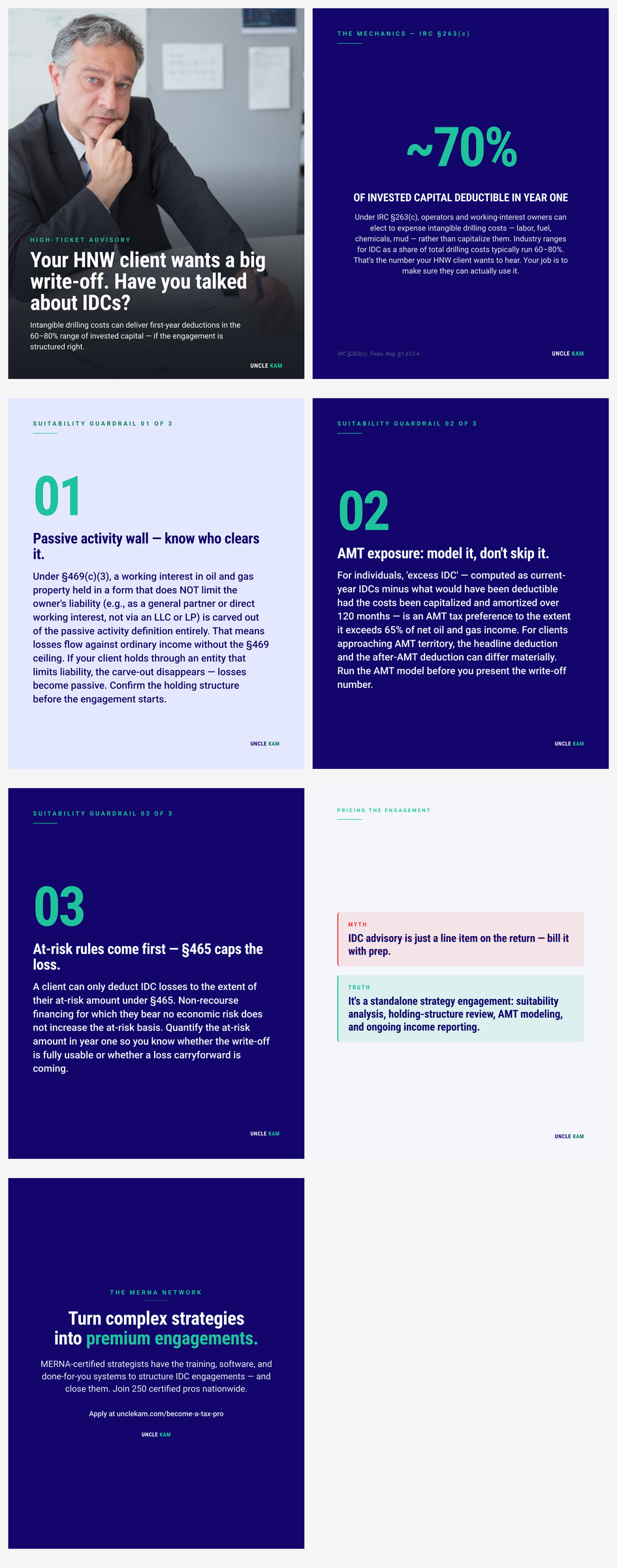 Oil & gas intangible drilling costs (IDCs): how CPAs structure the deduction conversation, establish suitability guardrails, and price a premium investment-driven advisory engagement for HNW clients