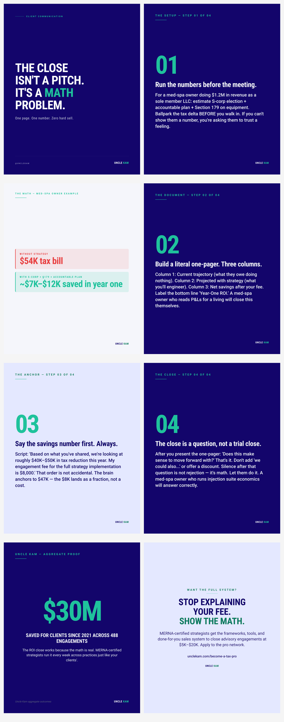 The one-page ROI close: how CPAs present tax strategy to med-spa owners so the $8K fee feels like a bargain next to the $47K savings